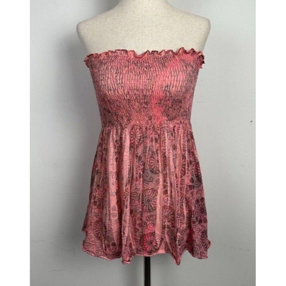 Vtg L8teR Strapless Babydoll Top L Pink Paisley Smocked Y2K Festival Boho Fairy